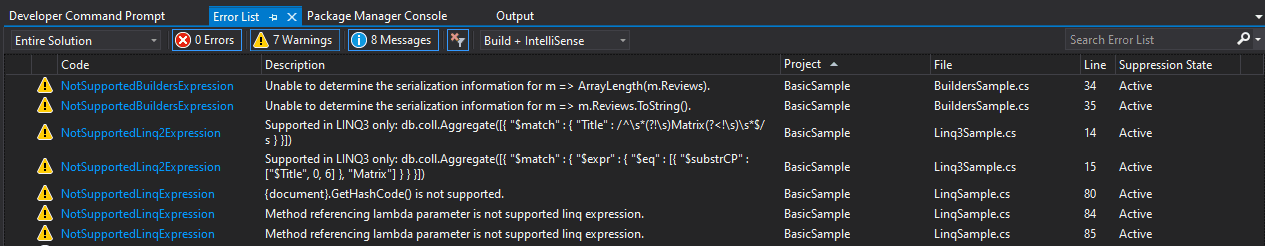 Unsupported expressions shown as warnings in Visual Studio’s Error List