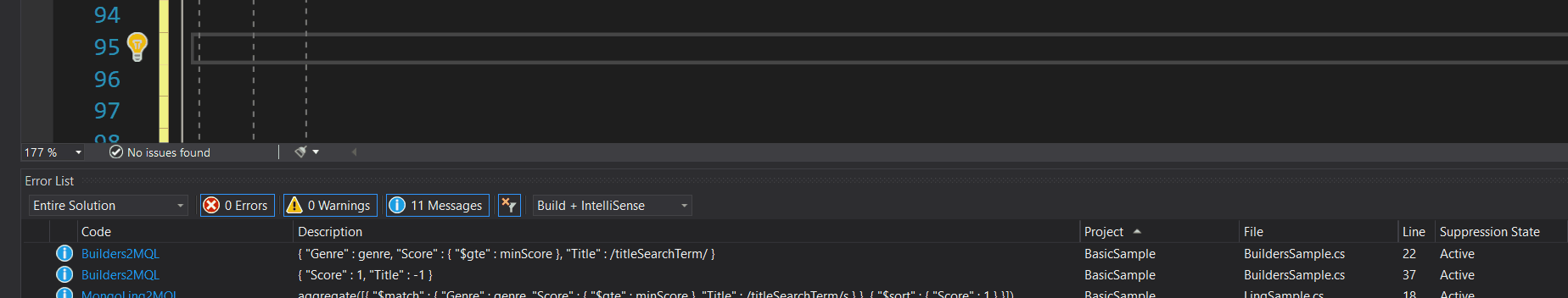 GIF showing unsupported LINQ expression being implemented. After being written, unsupported code is correctly highlighted; tooltip is shown warning developer of the unsupported expression and the warning is added to the Error List panel of the IDE.