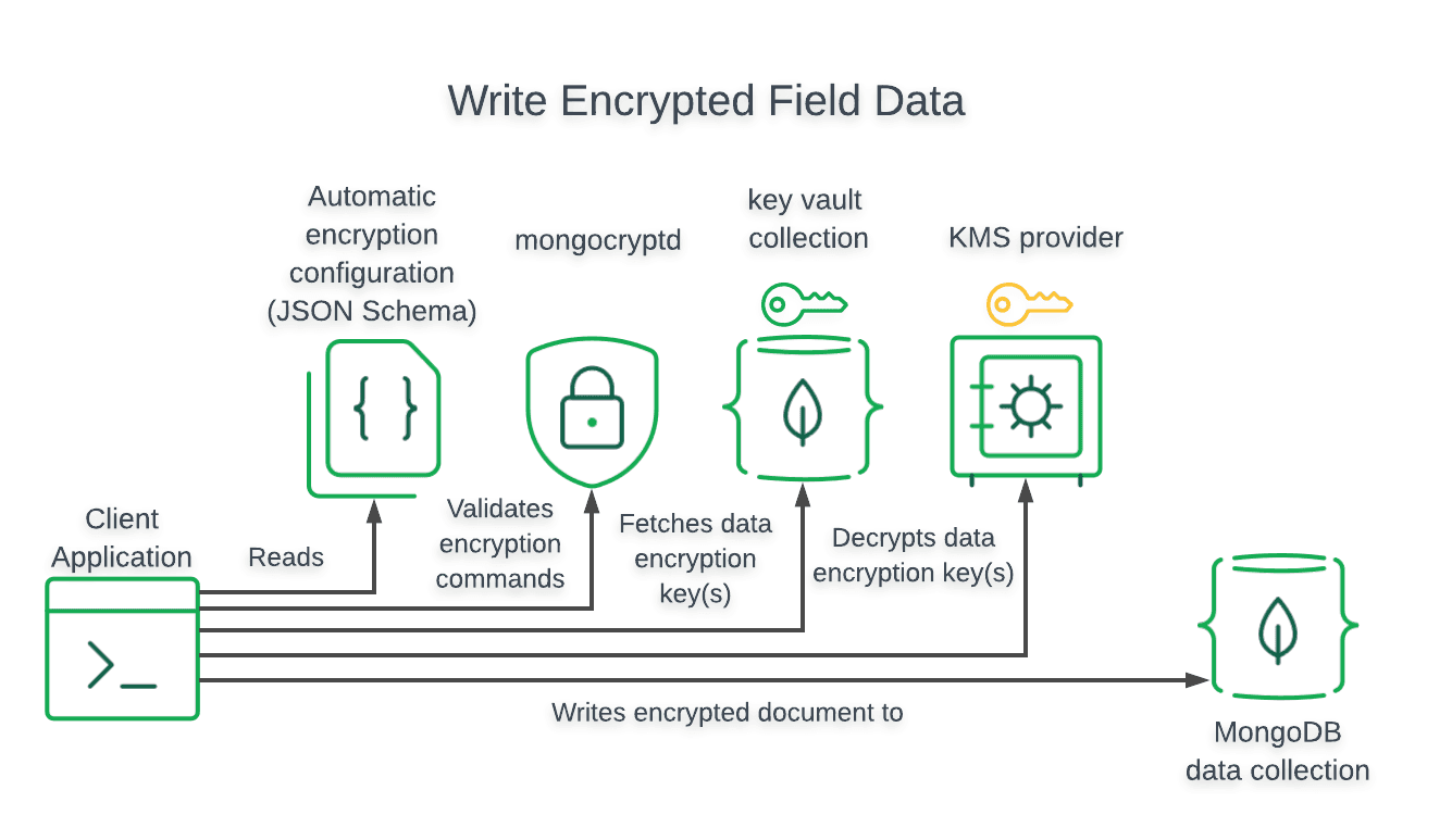 Diagram that shows the data flow for a write of field-level encrypted
data