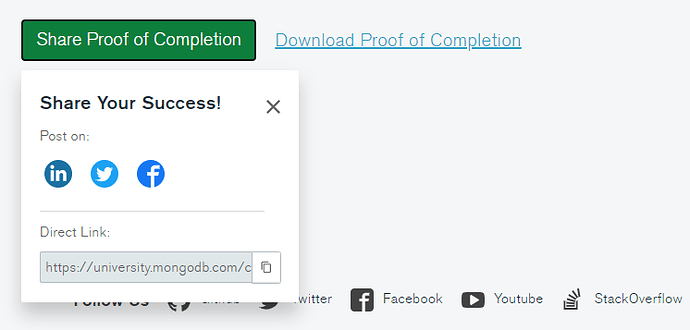 Social Accomplishment Share widget on MongoDB University