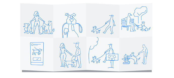 Several simple sketches, showing a dog walker, a dog with a leash in its mouth, a dog image in an app on a phone screen, etc.