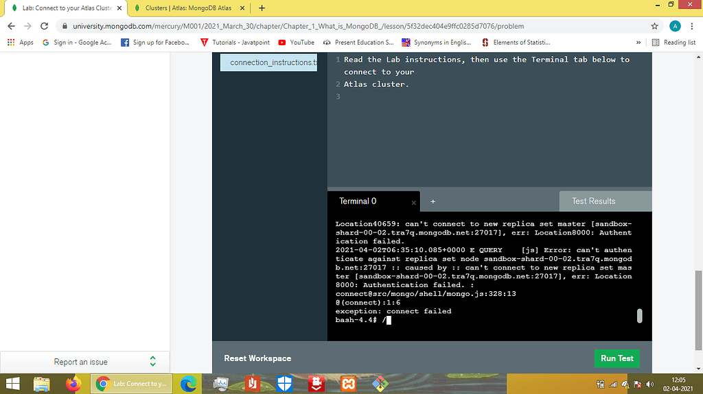 Can't connect to Atlas cluster using command given in the lab instruction of Chapter 1 M001