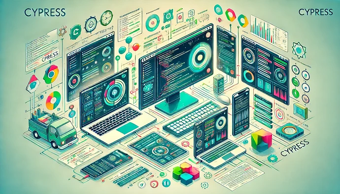DALL·E 2025-01-21 23.35.53 - A vibrant, modern illustration showcasing the diverse use cases of Cypress for testing in software development. The image features multiple connected