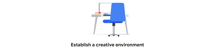 Icon of a chair at a desk, text underneath reads "establish a creative environment"