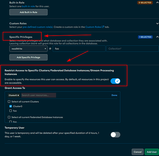 Image showing the expanded and populated options "Specific Privileges" and "Restrict Access to Specific Clusters/Federated Database Instances/Stream Processing Instances" in the Add Database User modal.