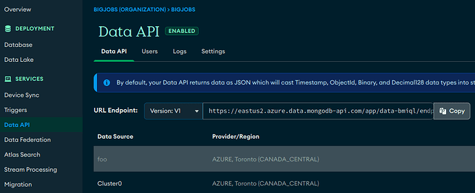 Image Showing Atlas Console and Data Api Frame. A URL Endpoint is shown.