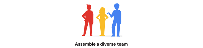 Icon of three human silhouettes in red, yellow, and blue, text underneath reads "assemble a diverse team"