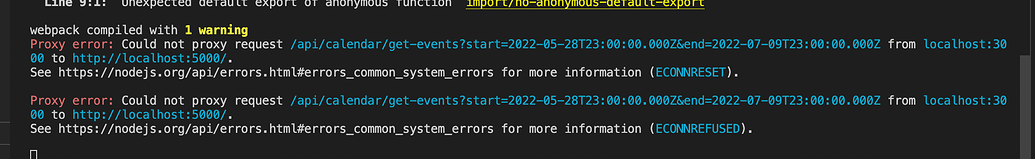 Proxy error could not proxy request api calendar create event from 