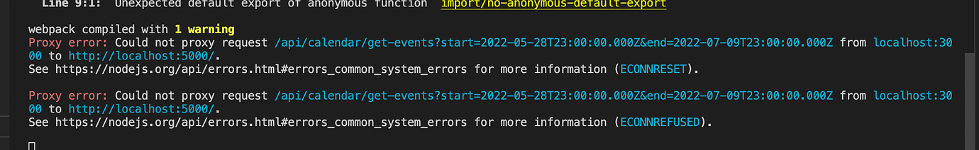Proxy error could not proxy request api calendar create event from 