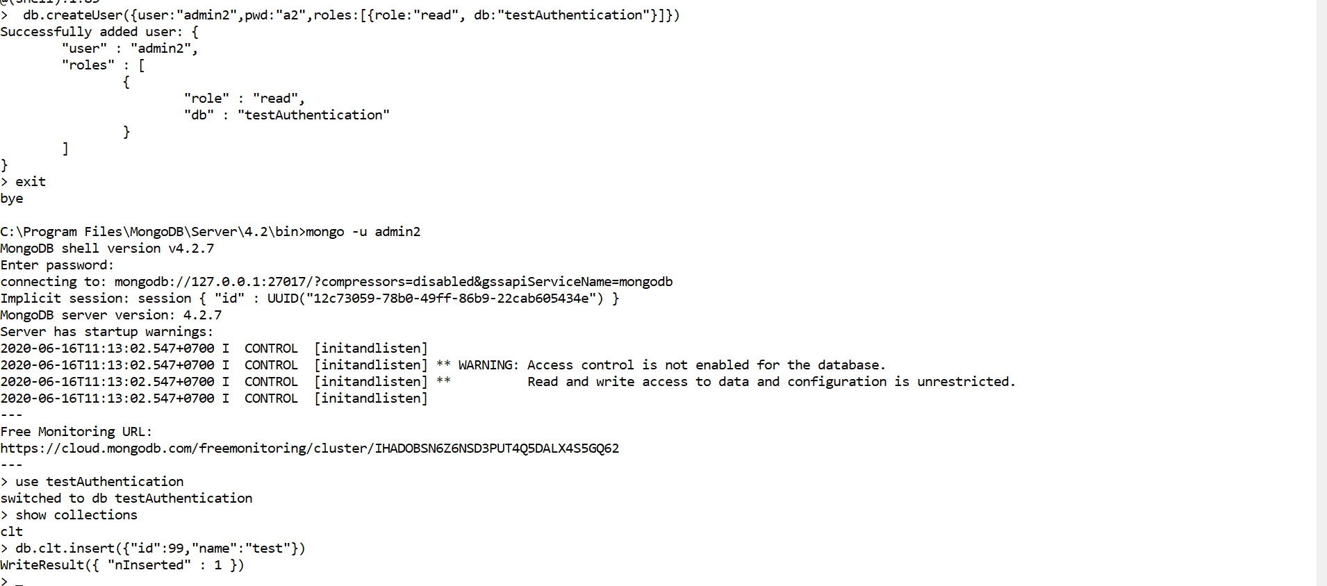 Need help enabling access control for MongoDB 4.2 on Windows Ops and Admin MongoDB Developer