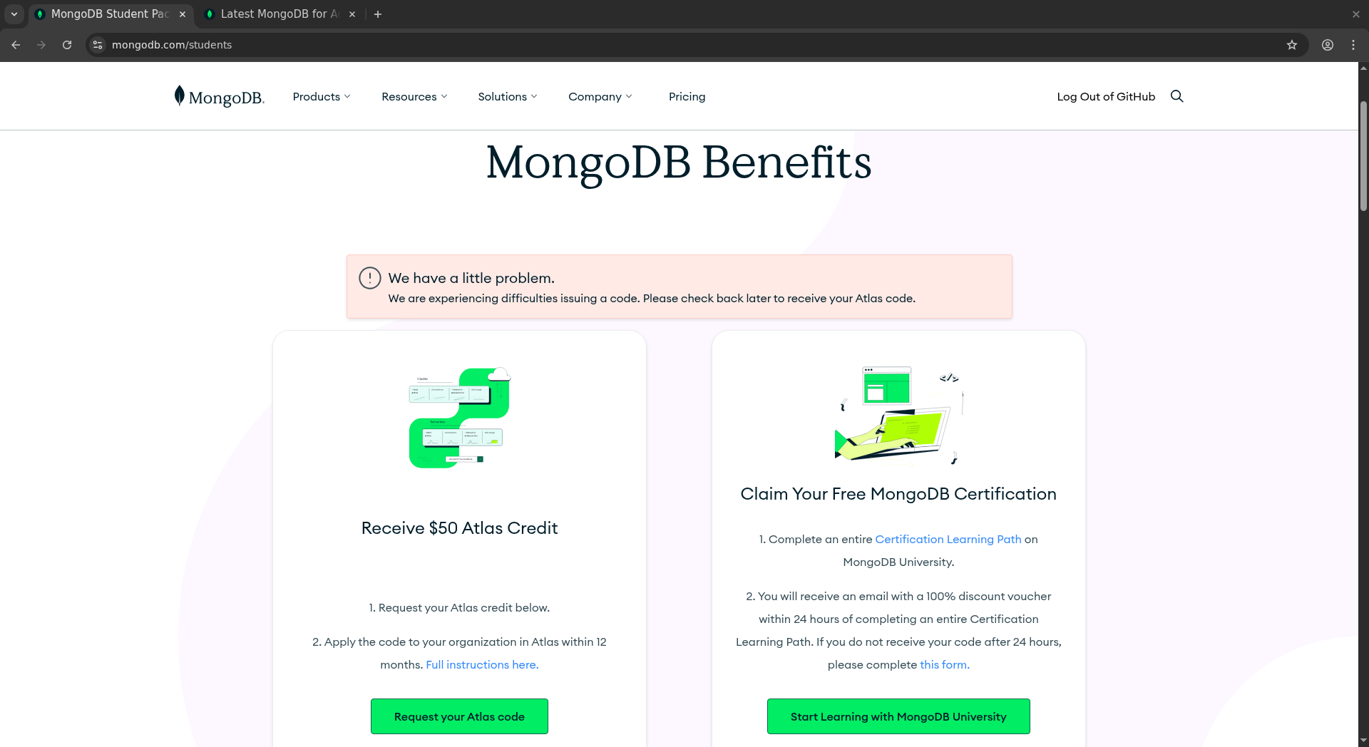 Cannot Receive Student Atlas Code - MongoDB for Students - MongoDB ...