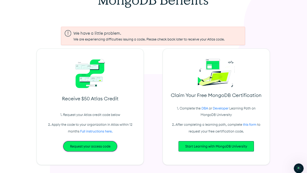 Mongodb credits request code access error - MongoDB for Students ...