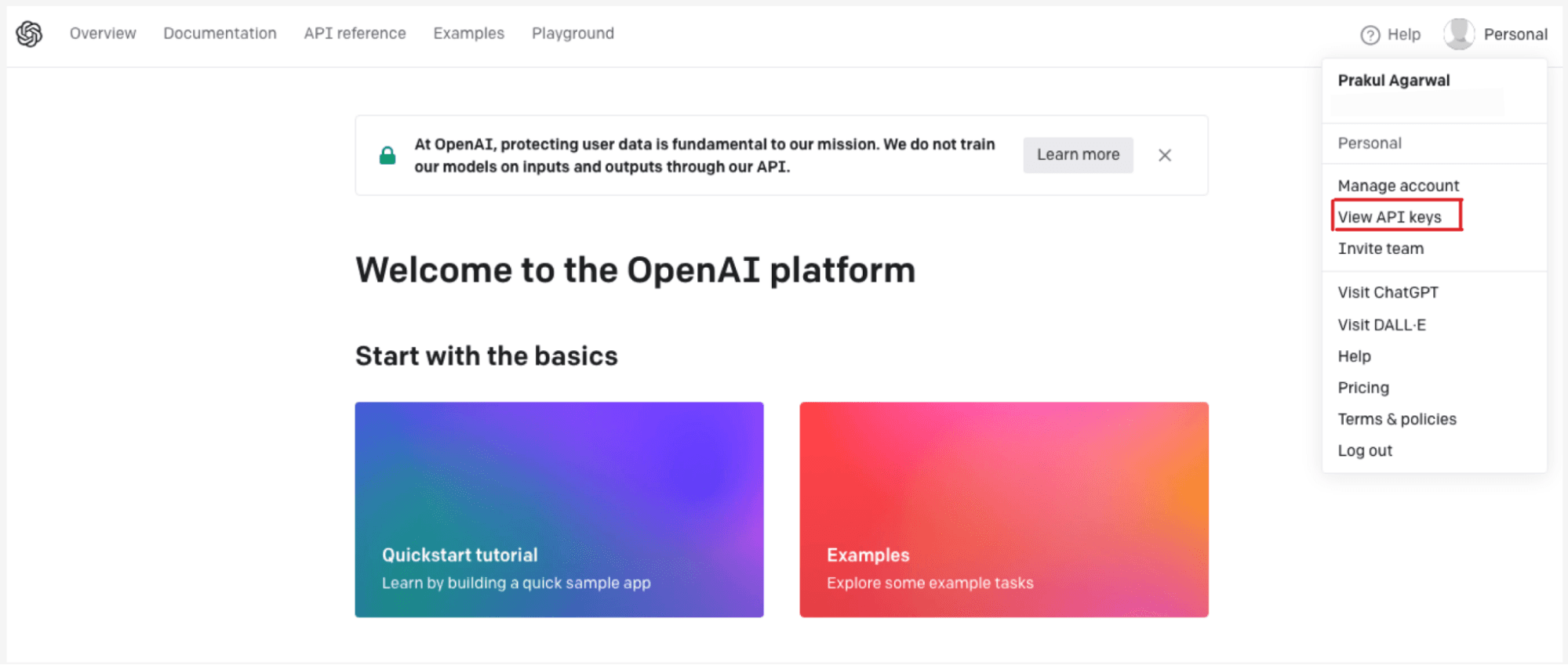 OpenAI platform page with a focus on "View API keys" in the menu