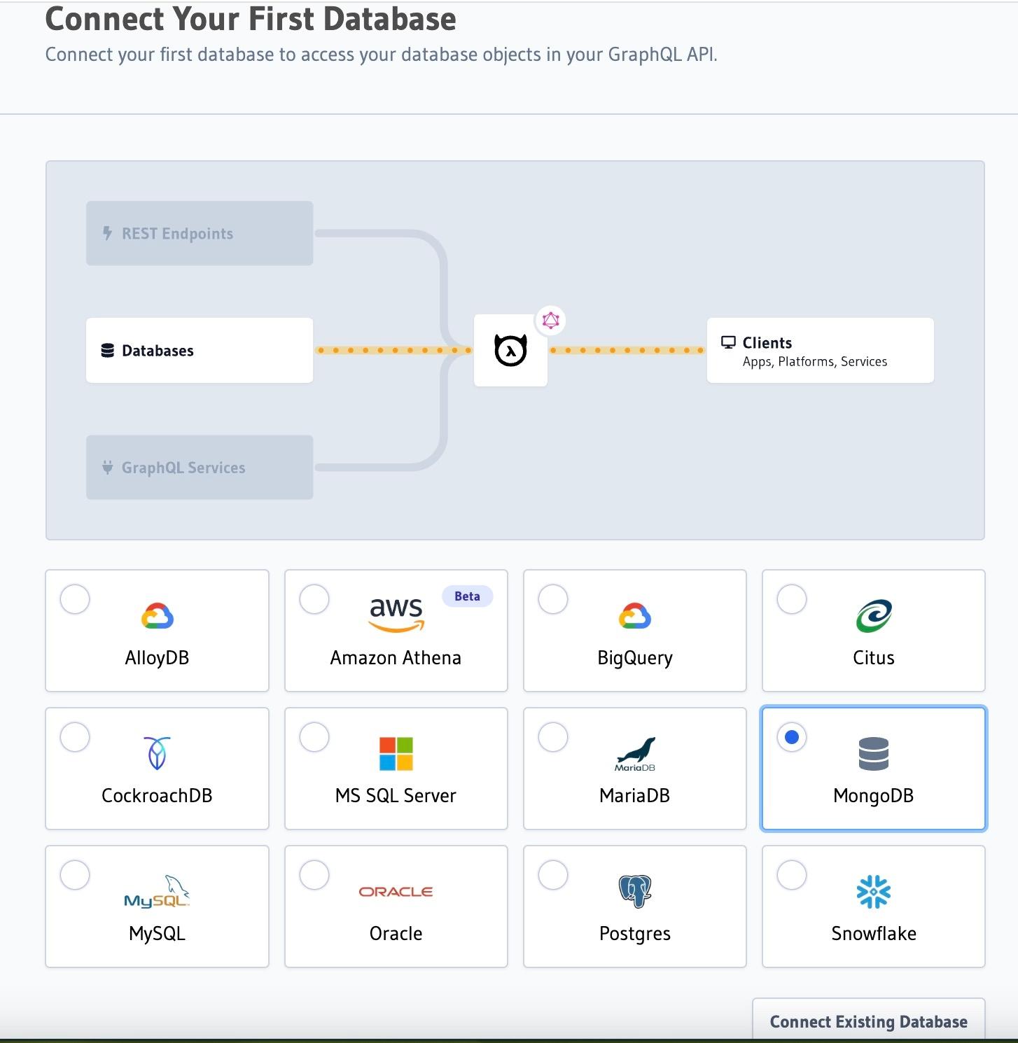 Connect your first database Hasura Console