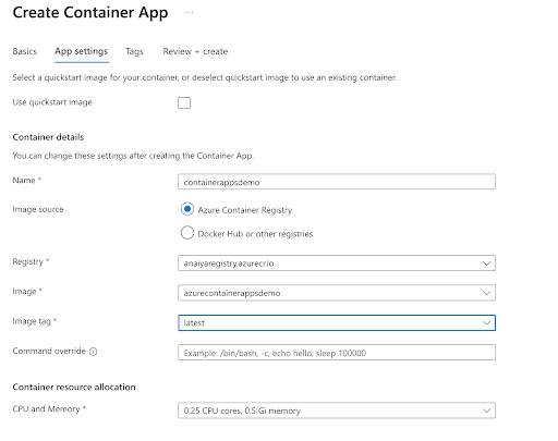 App Settings part of creating a Container App in Azure