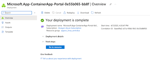 Container App deployment page