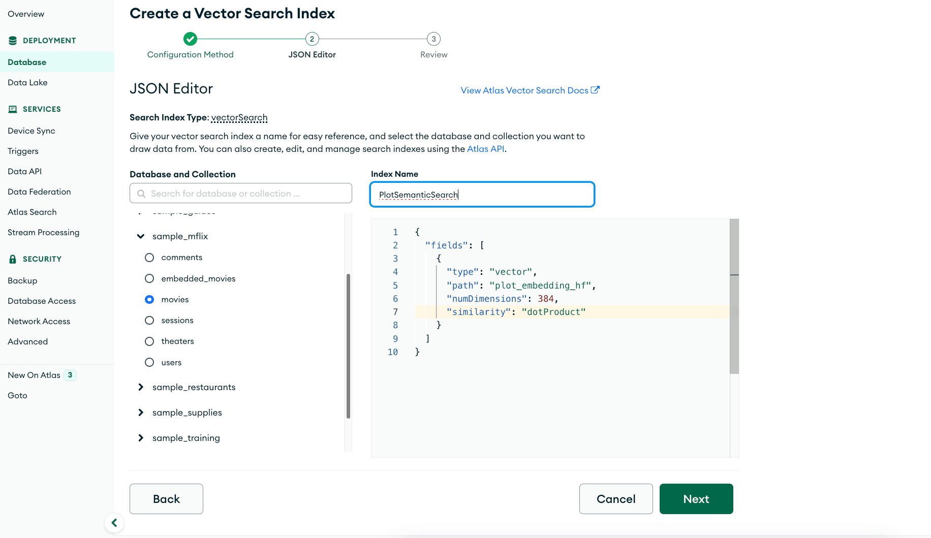 Search Index Configuration JSON Editor with arrows pointing at the database and collection name, as well as the JSON editor