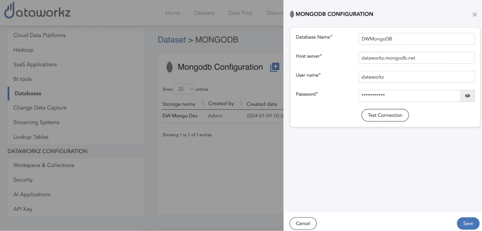MongoDB configuration screen in Dataworkz