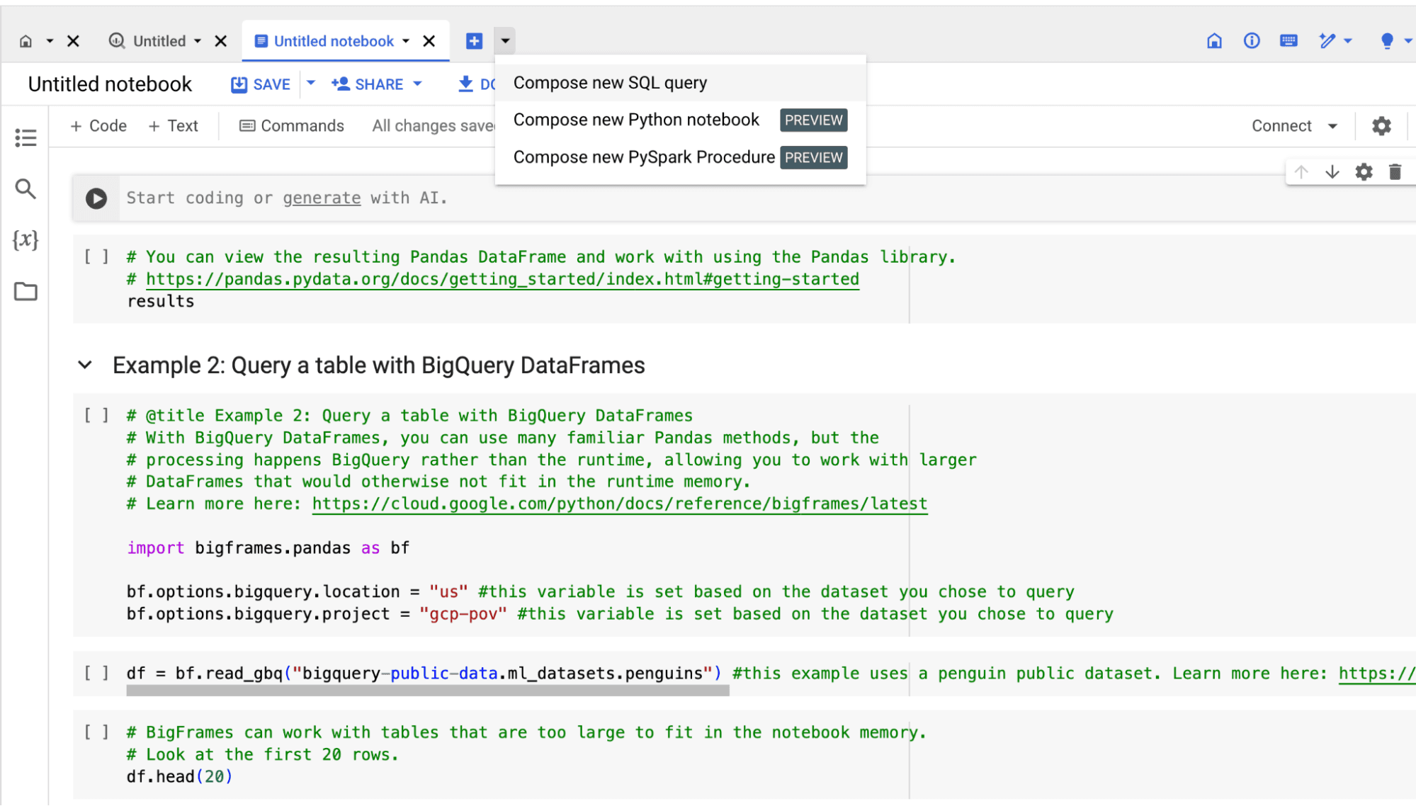 Image 2: screenshot of jupyter notebook for BigQuery DataFrames implementation.