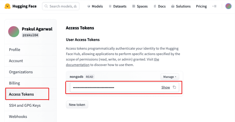 Access Tokens page within settings with focus on Access Tokens link and the Access Token field