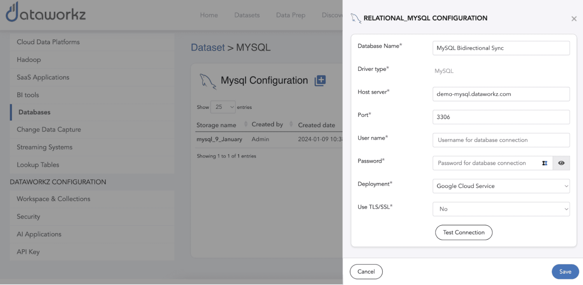 Connect to MySQL in Dataworkz