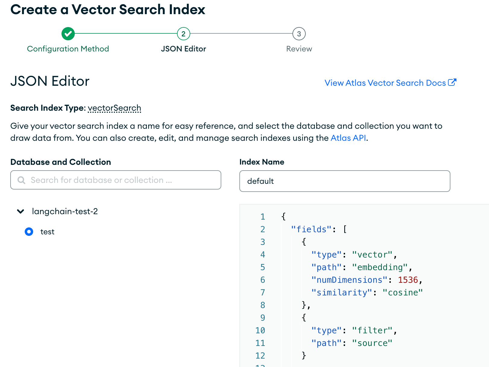 proper configuration of our vector search index