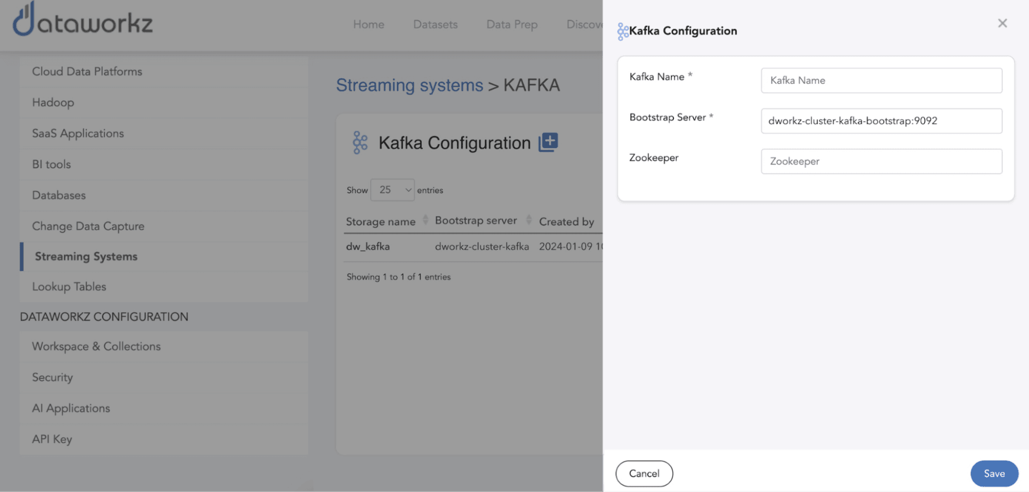Kafka connection configuration details in Dataworkz
