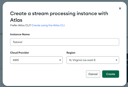 Create Stream Processing Instance dialog in the Atlas UI