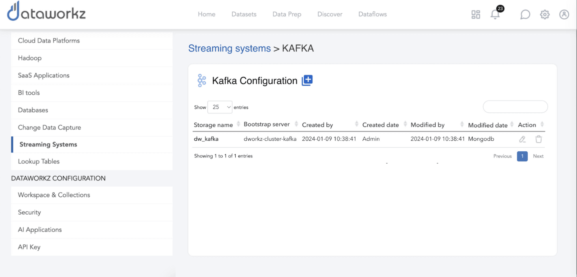 Kafka connection configuration in Dataworkz