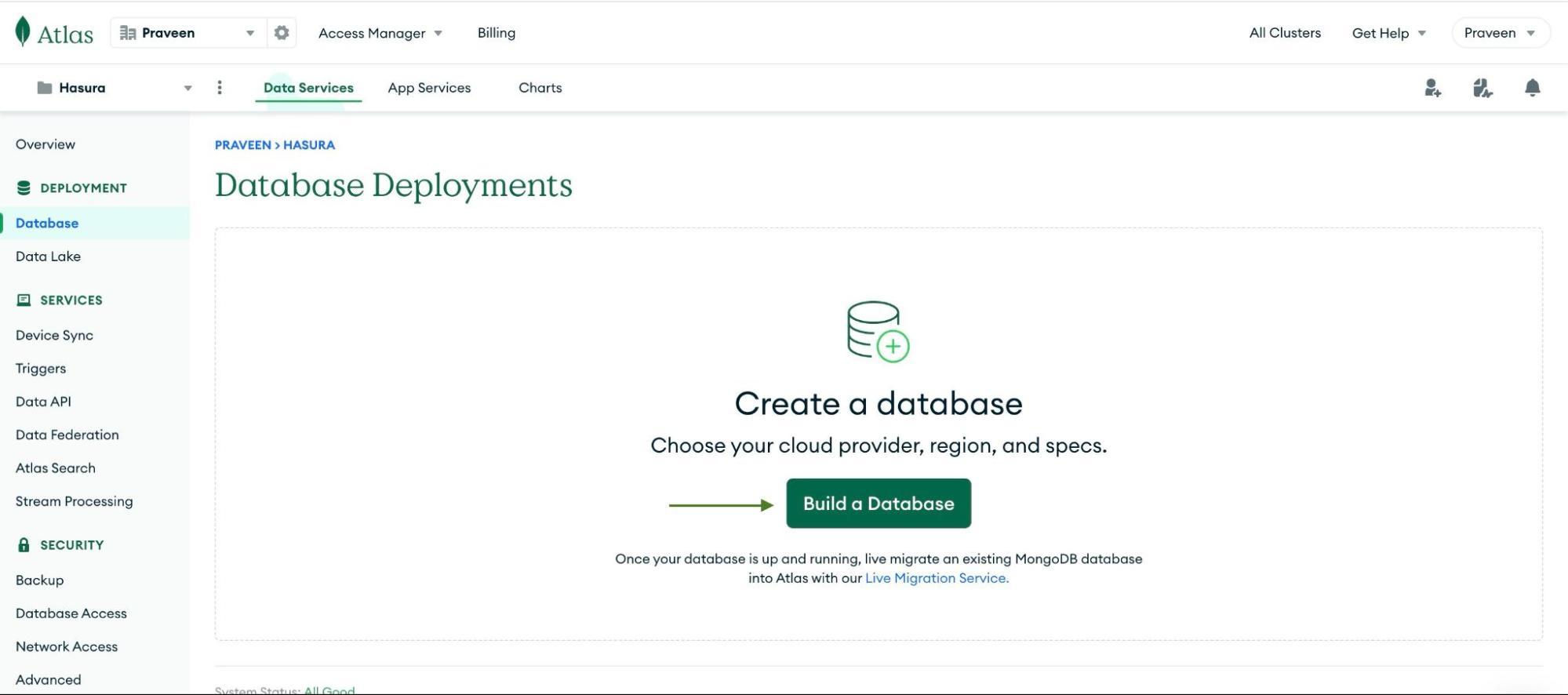 Build a database button Mongo Atlas