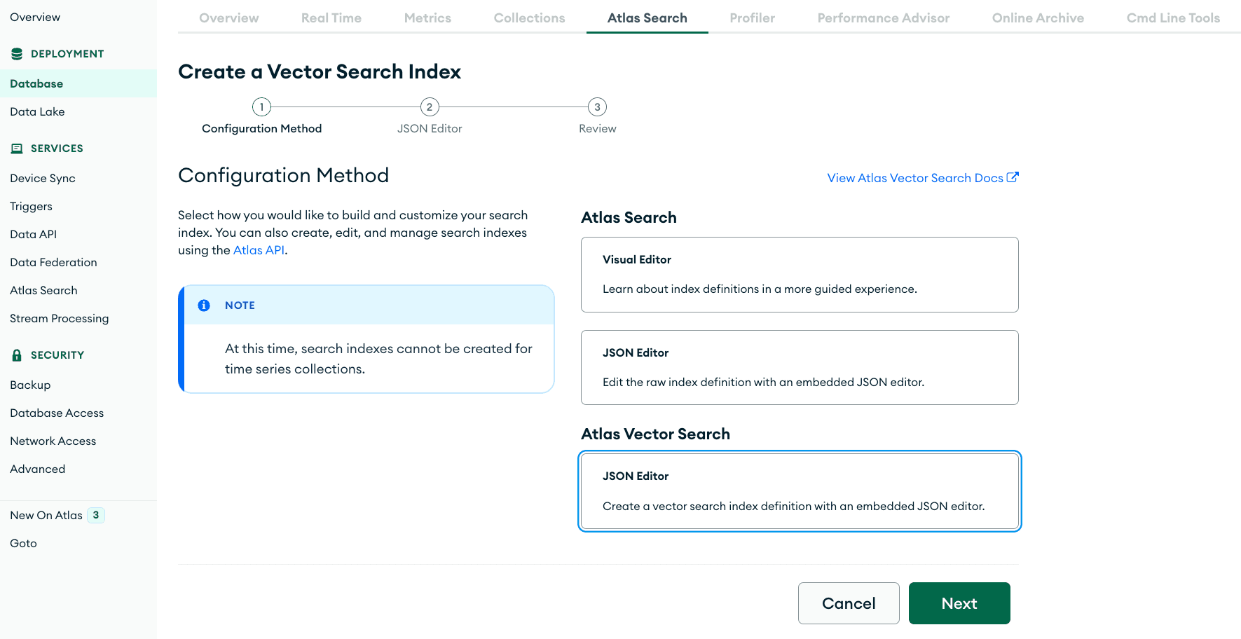 Search tab “Create Search Index” experience with a focus on “JSON Editor”