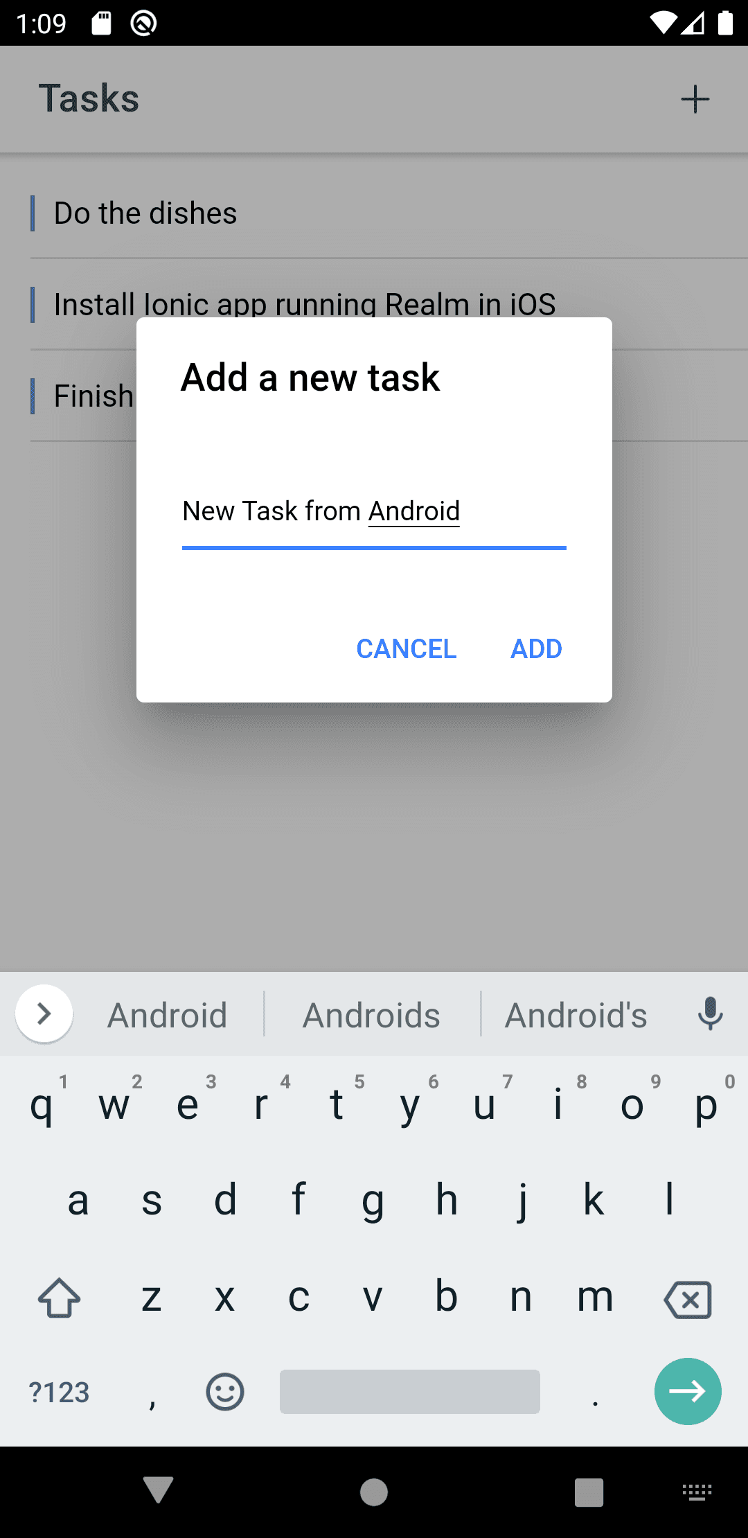 Adding a new task screen from Android, with “New Task from Android” typed in.