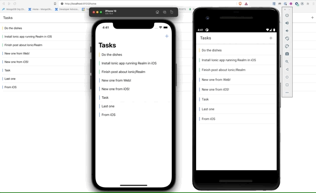 Now we can sync our actions. Adding a task in the Android Emulator gets propagated to the iOS and Web versions