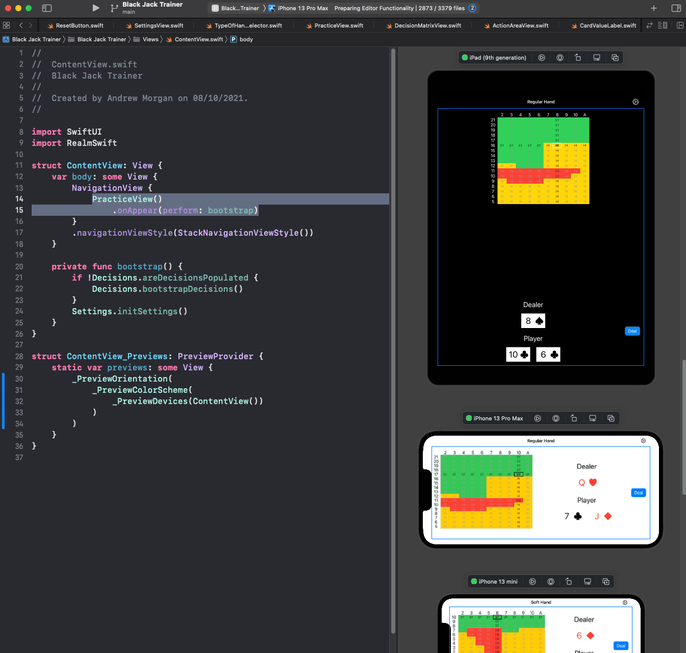 Xcode showing a blackjack app with multiple previews for different devices, orientations, and color schemes