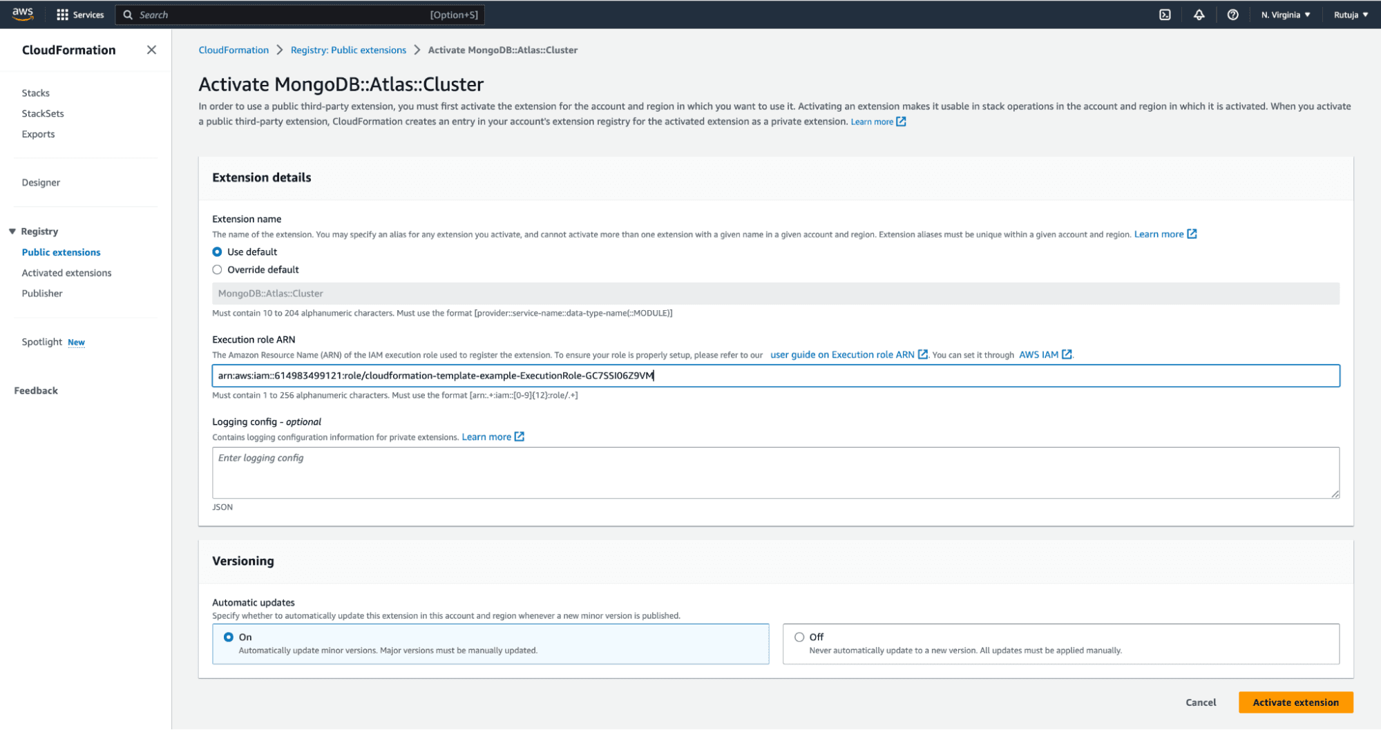 Interface in the AWS extension registry where users input the ARN to activate extension. Automatic updates option is highlighted in blue.