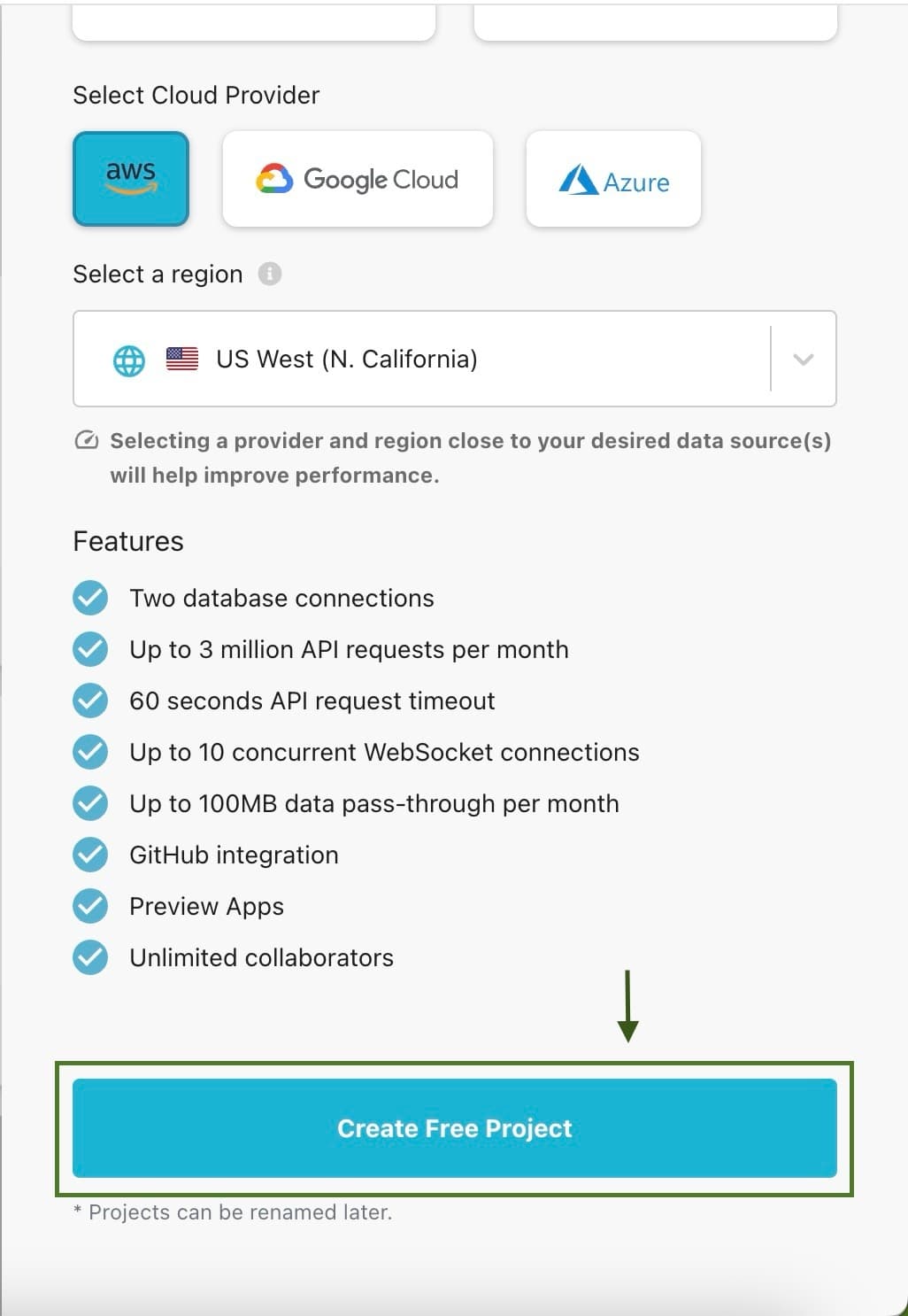 Botão Criar projeto gratuito na Hasura Cloud