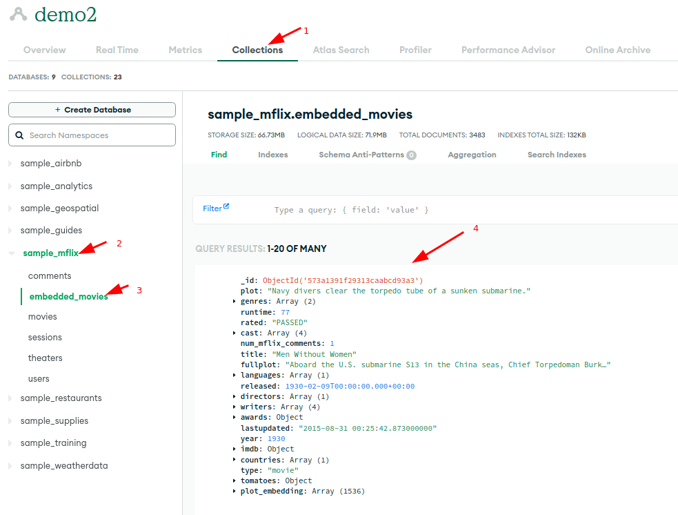 Viewing sample data in the MongoDB Atlas UI