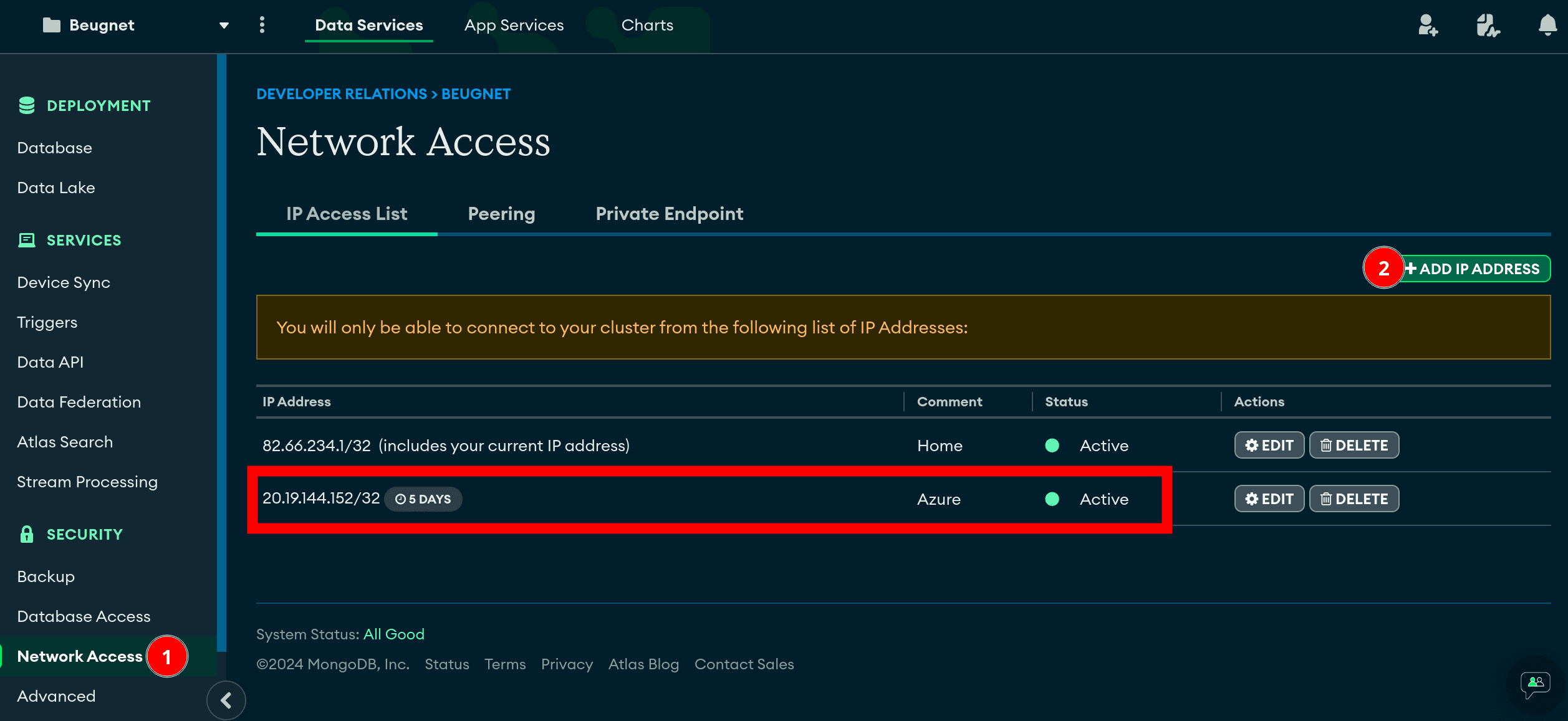 Adicionar endereço IP na lista de acesso à rede no Atlas