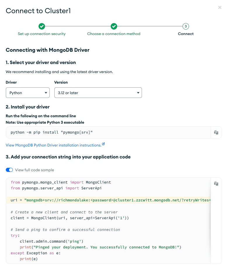 Connecting to Atlas cluster via URI and Python driver