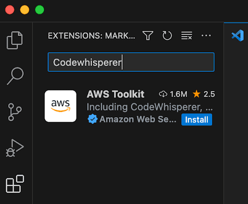 Searching for the AWS ToolKit Extension