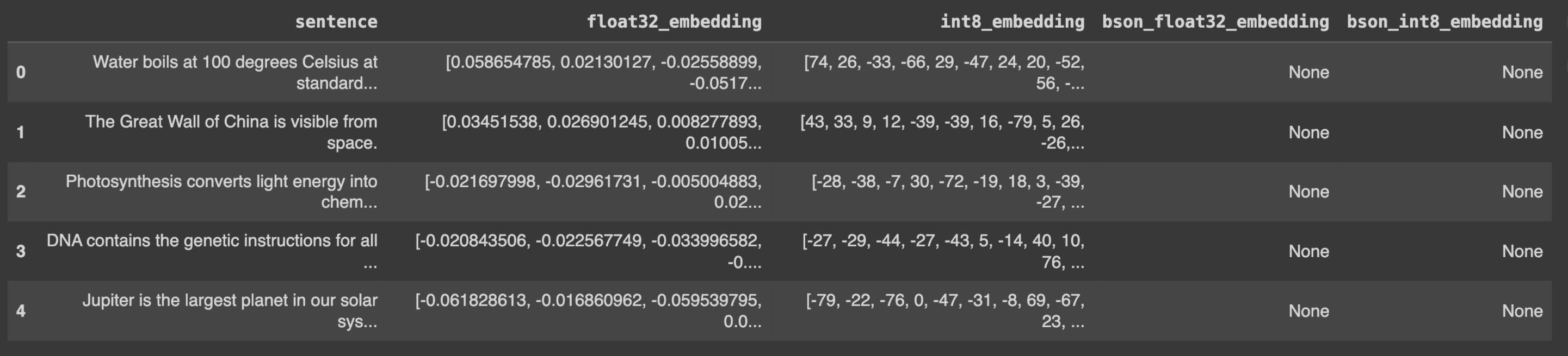 result of generating float32 and int8 embeddings