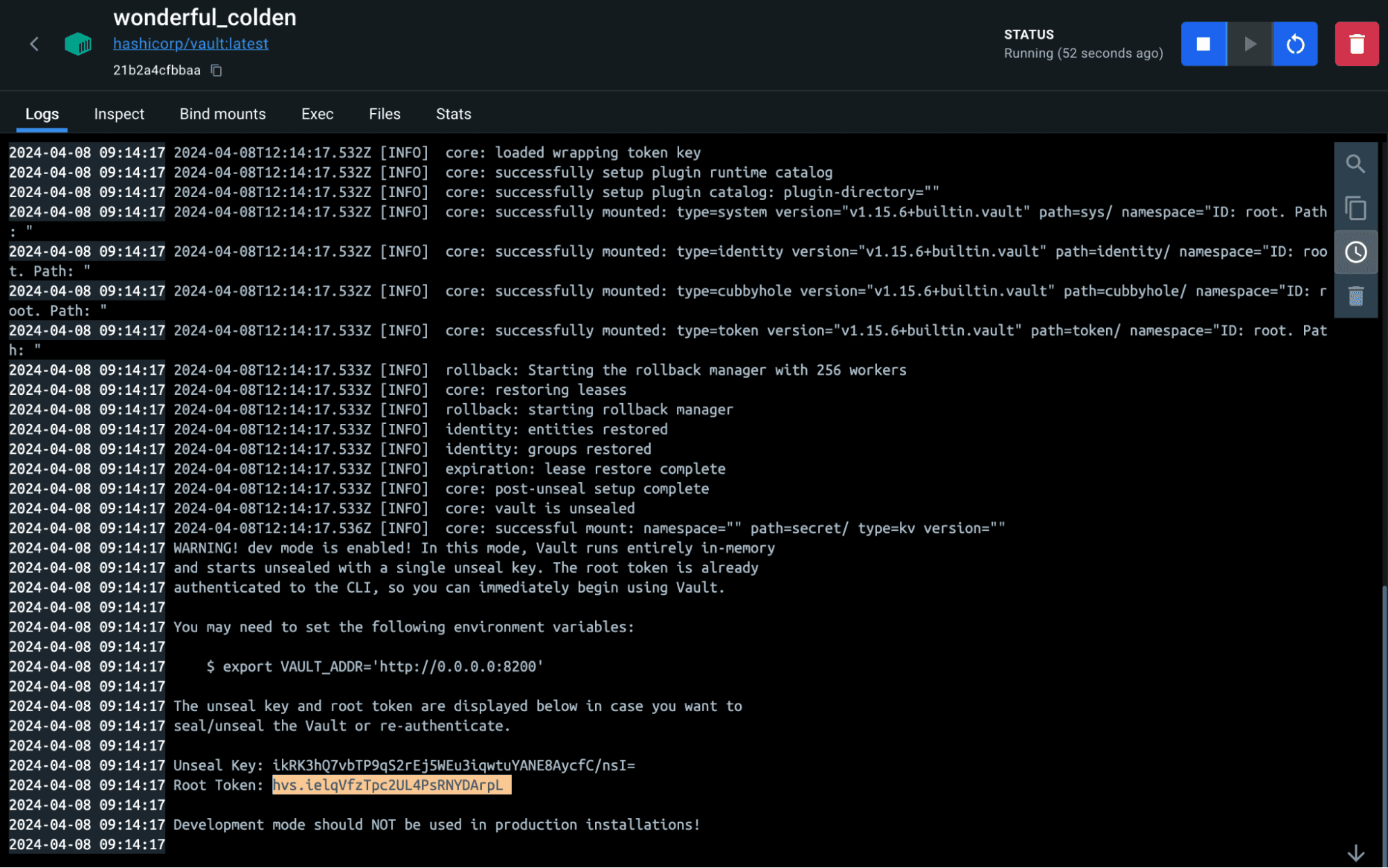 Log screen containing token