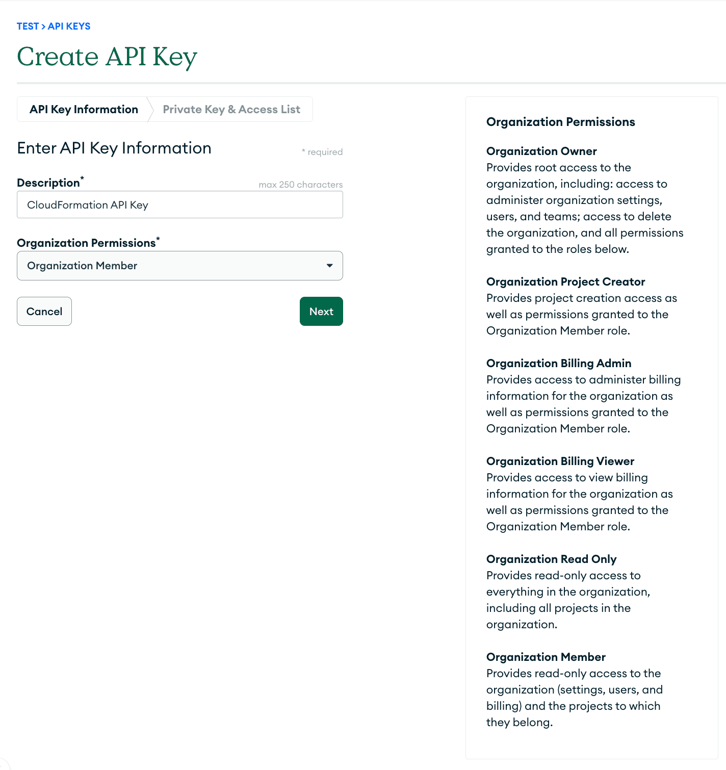 A screen that displays a form for creating an API key