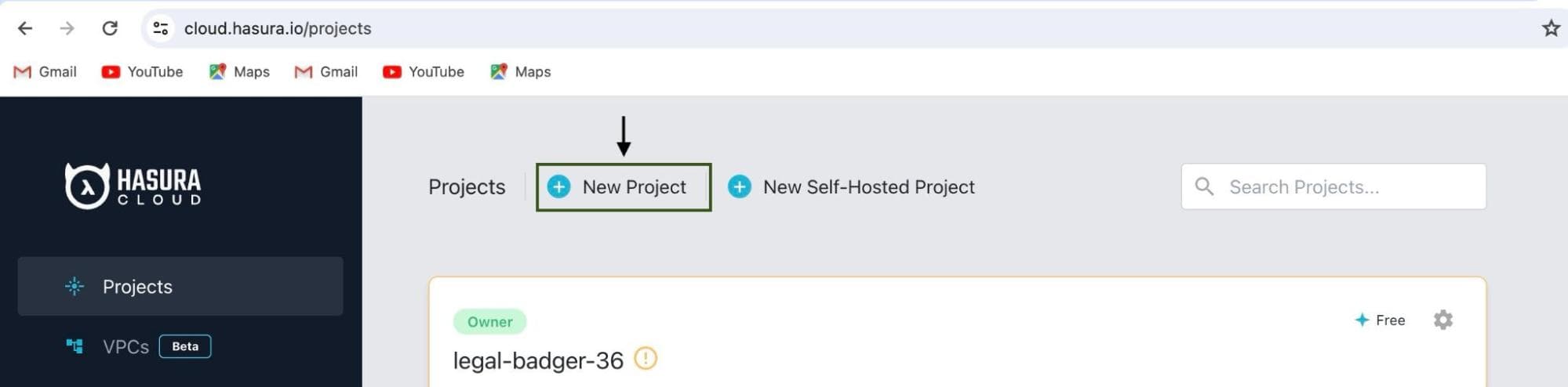 Crie um novo projeto no Hasura Cloud