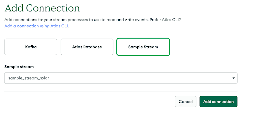 Add Connection screen within the Stream Processing page in Atlas