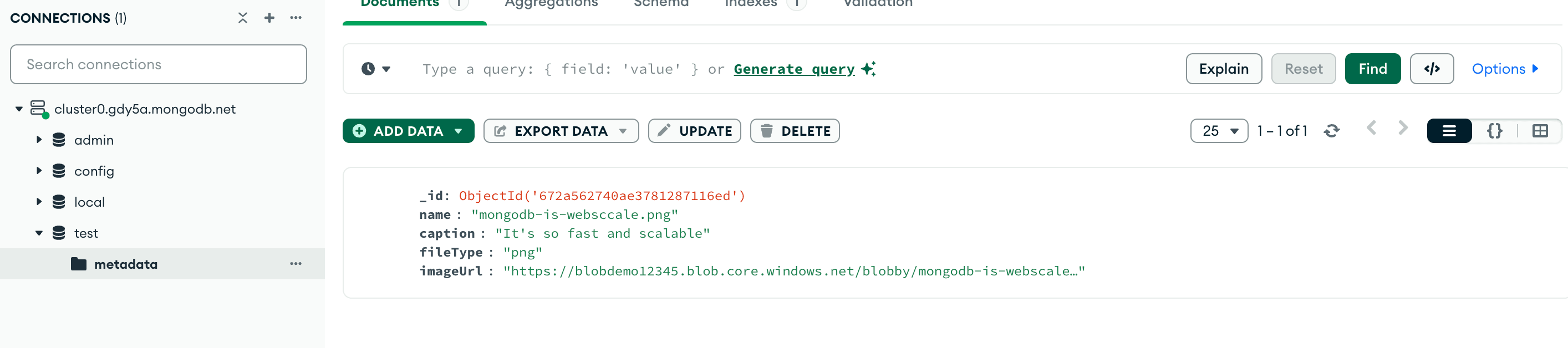 O Atlas do MongoDB mostra nosso documento de metadados armazenado na coleção.