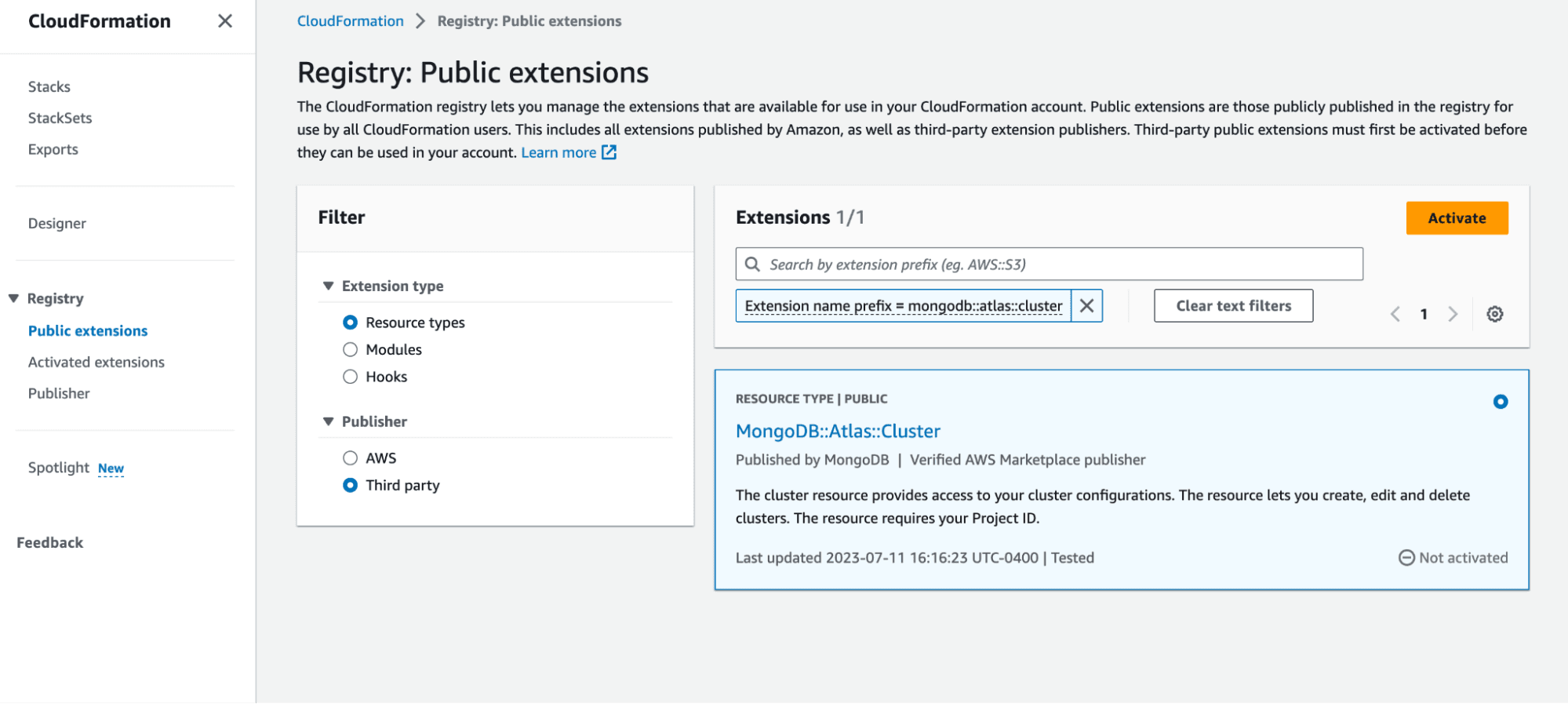 A selection for the MongoDB Atlas Cluster public extension