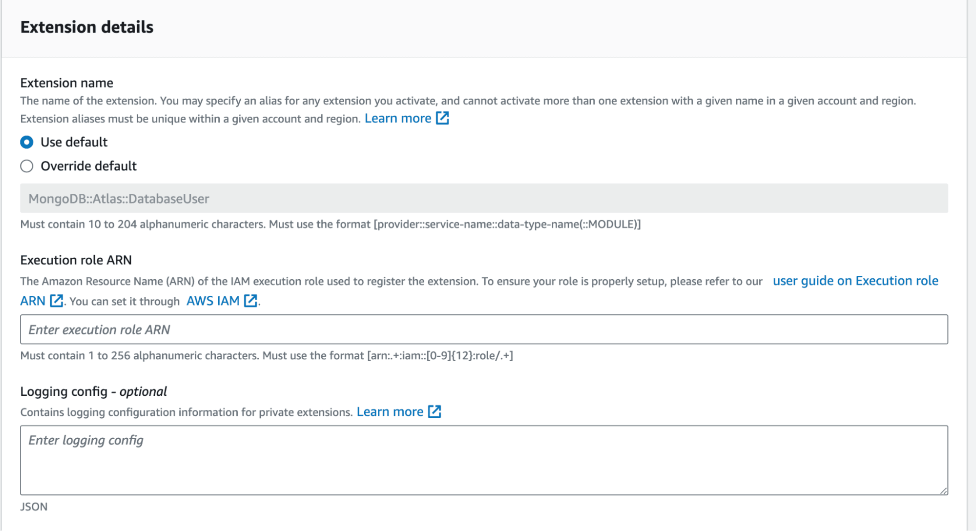 An interface in which a user inputs details of their extension, such as an ARN
