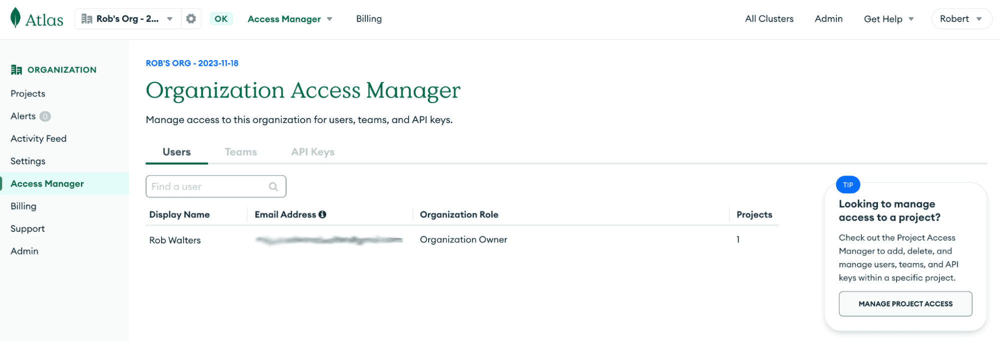 Gerenciando o acesso da organização no MongoDB Atlas