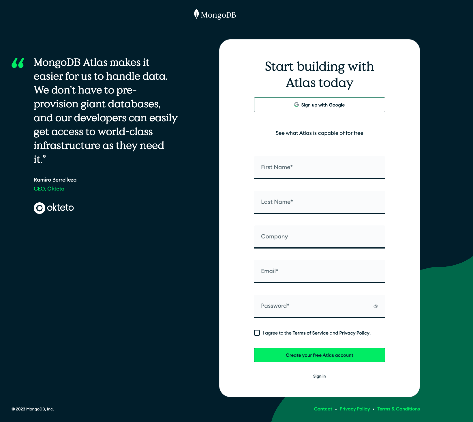 a sign-up page for MongoDB Atlas with a on the left hand side and form on the right hand side.